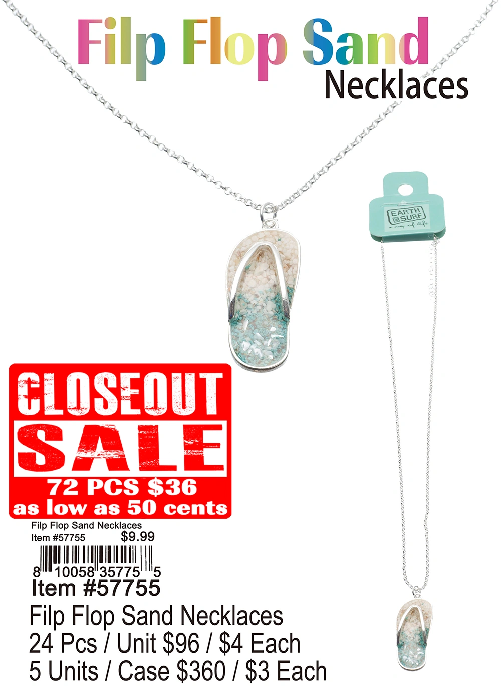 Flip Flop Sand Necklaces - Closeout 72 Pcs.